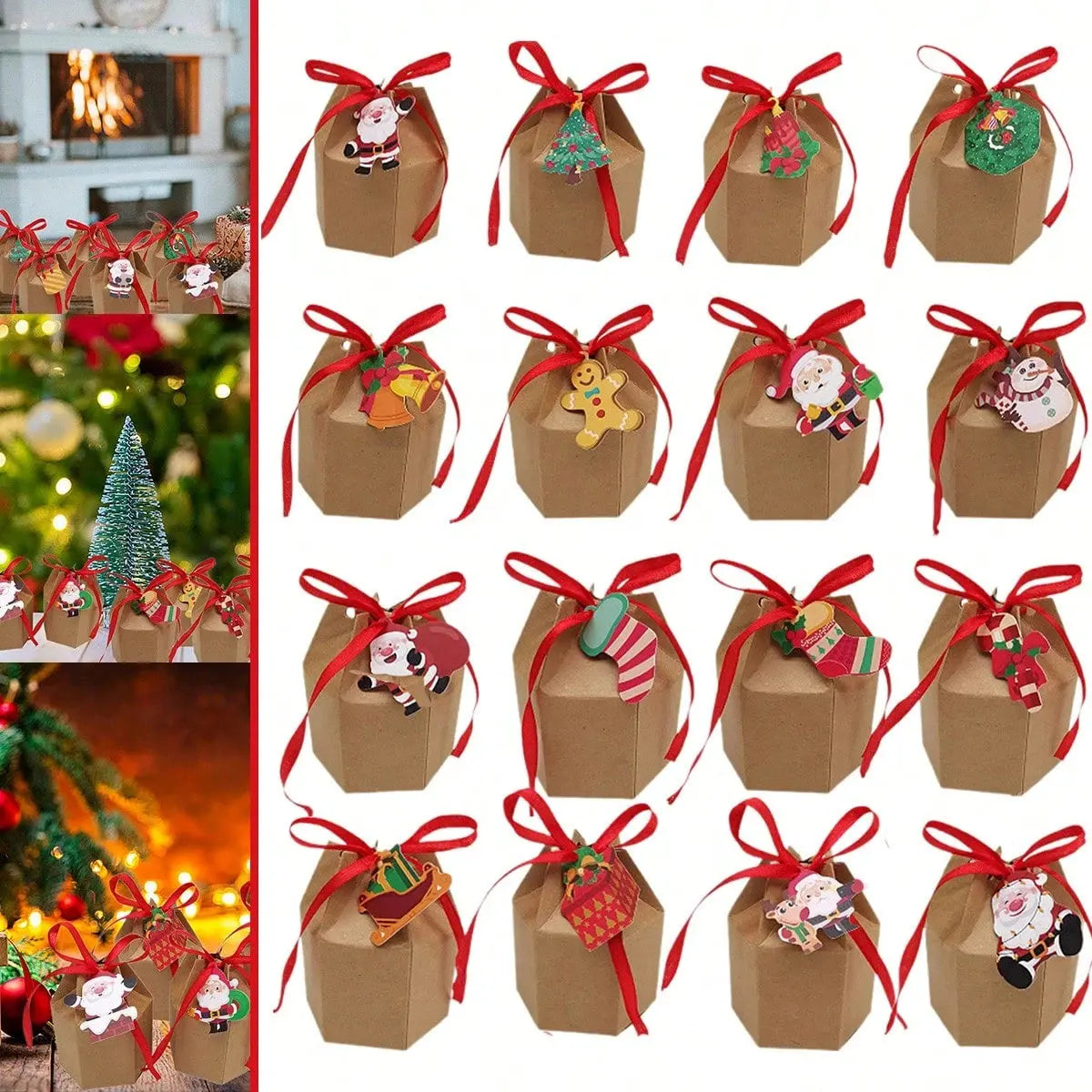 24 Pcs Christmas Treat Boxes With Cards And Ribbon Xmas Tree Santa Kraft Gift Boxes Cute Gift Case Printed With Santa Claus Elk Snowman Christmas Tree For Birthday Christmas Party Supplies - The Premium