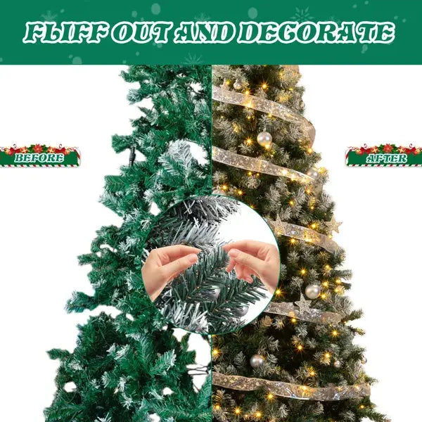 7.5 FT Artificial Snow Tipped Christmas Tree With DIY 350 Warm Lights Remote Control, Hinged Xmas Pine Tree With Silver Ribbon Ornaments For Holiday Party Office Home, Green & Snow Tipped - The Premium