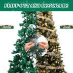 7.5 FT Artificial Snow Tipped Christmas Tree With DIY 350 Warm Lights Remote Control, Hinged Xmas Pine Tree With Silver Ribbon Ornaments For Holiday Party Office Home, Green & Snow Tipped - The Premium