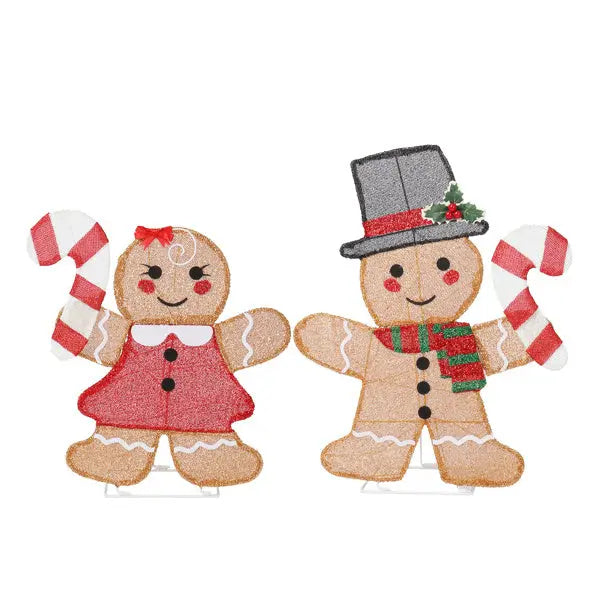 Set Of 2 Lighted Gingerbread Man And Candy Cane Christmas Decorations, Pre-lit 2D Holiday Decor With 80 Warm White LED Lights For Xmas Outdoor Indoor Decor Lighted Holiday Displays - The Premium
