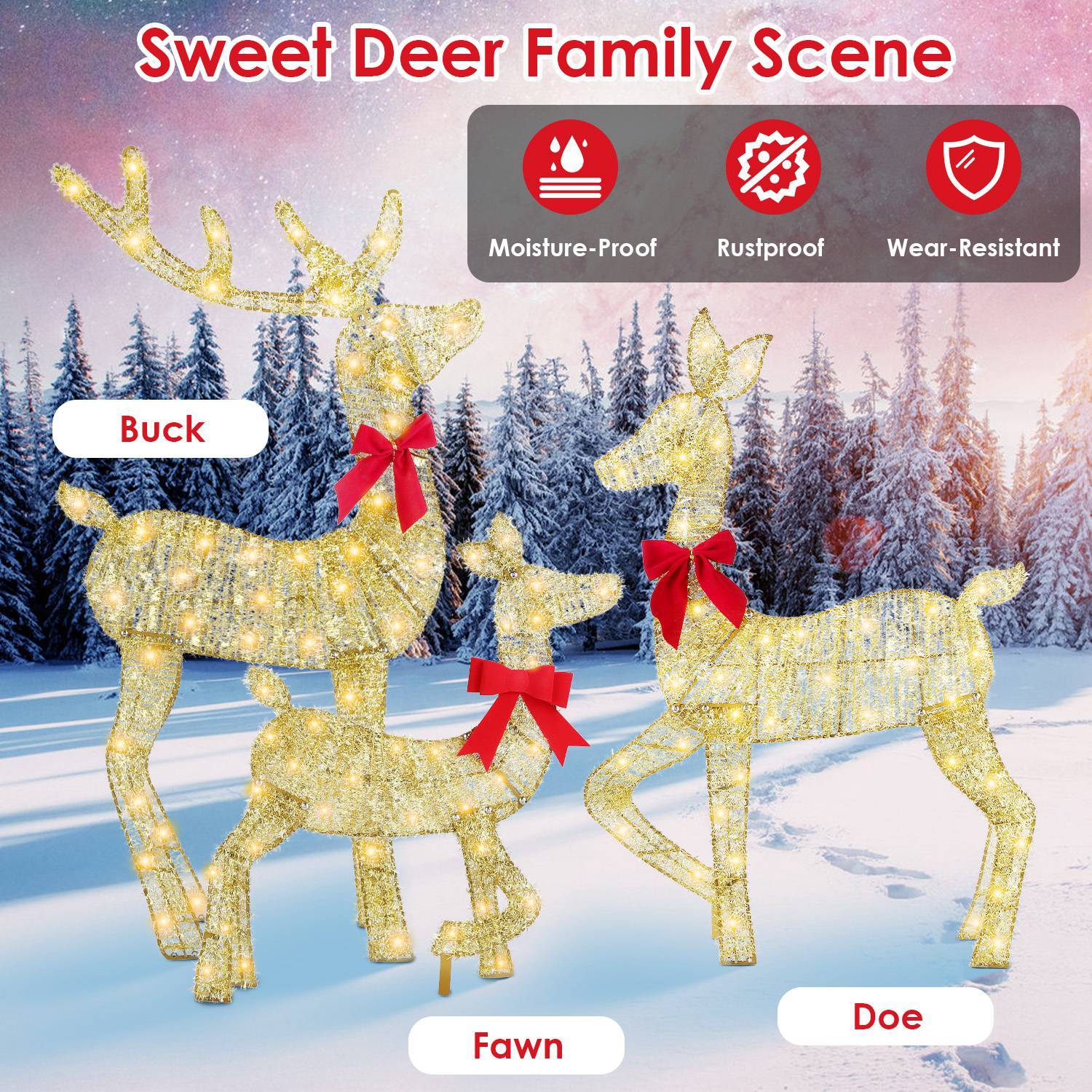 3Pcs In 1 Set 2D Lighted Christmas Deer Family Set Indoor Outdoor Light Up Reindeer Decorations Lighted Buck Doe Fawn Display With 8 Lighting Modes