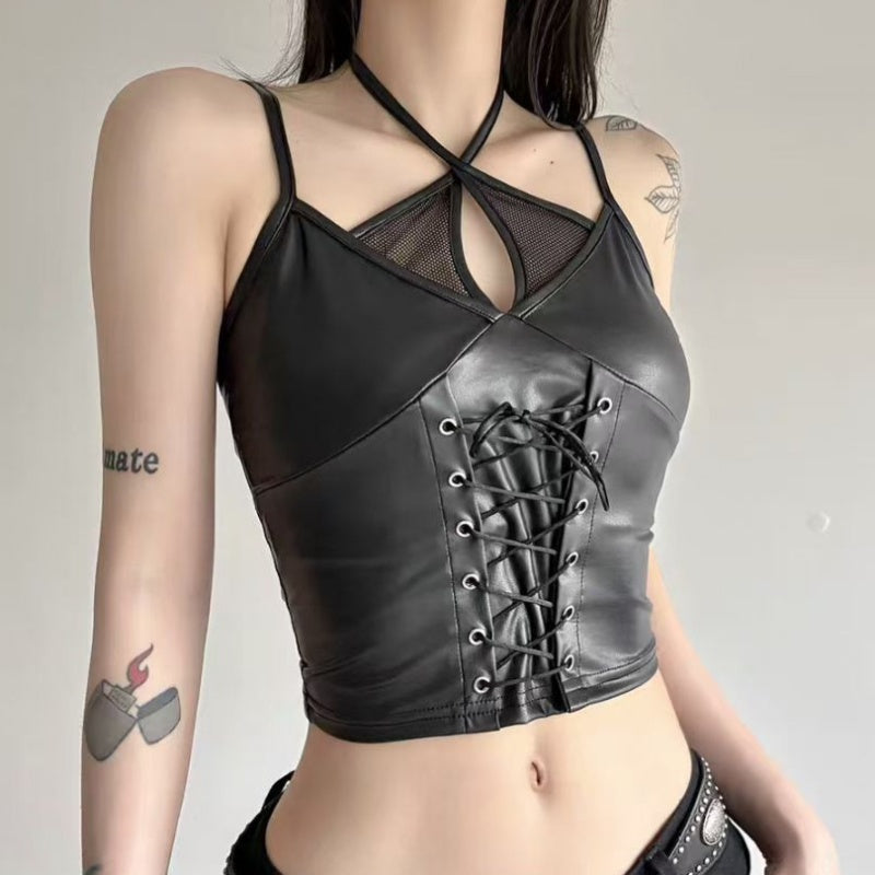 Sexy V-neck Halter Tied Slim Fit Slimming PU Leather Sling