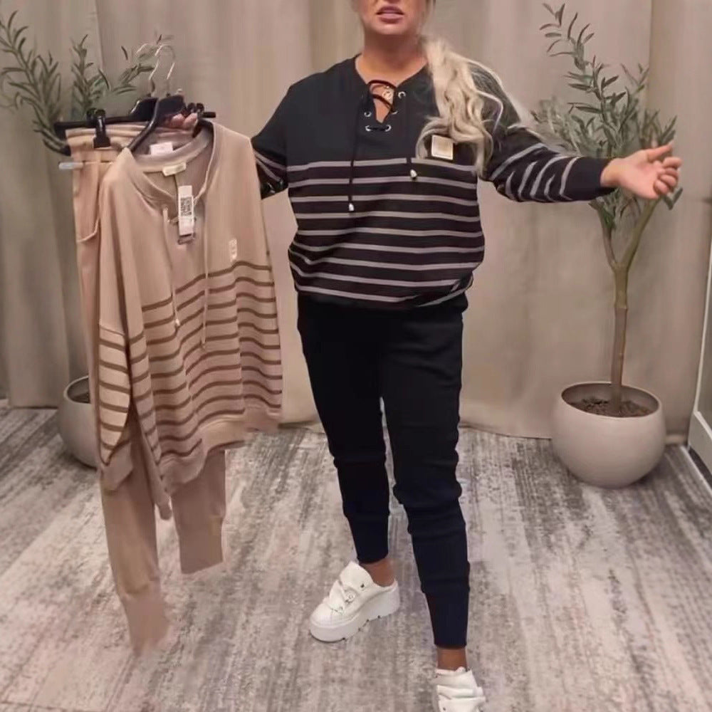 Striped Sporty Two-piece Loose Sweatshirt Sweatpants Set