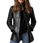 Women's Stand Collar Long Sleeve Distressed Fashion Leather Jacket Coat