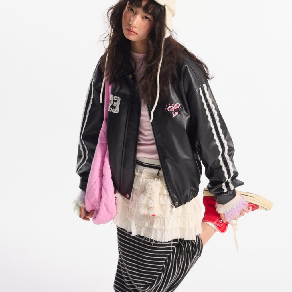 Women's Street Black Lace Love Number Embroidered Lapel Jacket