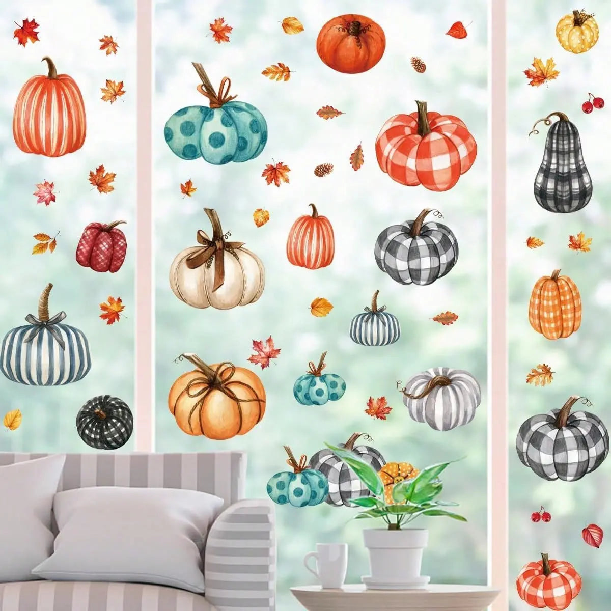 9 Sheets Pumpkin Window Clings Large Farmhouse Fall Leaves Window Clings Fall Thanksgiving Halloween Decorations Indoor Watercolor Double-Sided Printed Window Decor For Home Office Party - The Premium