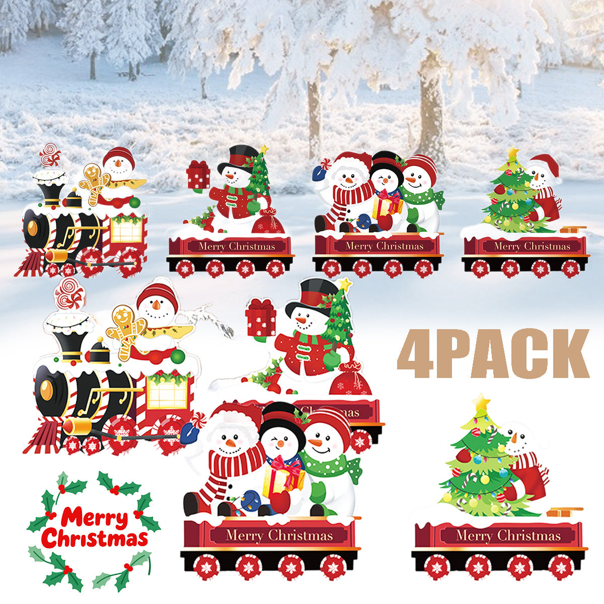 4 Pack Christmas Yard Signs With Plastic Stakes Xmas Train Snowman Christmas Tree Gift Lawn Signs For Yard Fence Garden Lawn Xmas Holiday Outside Decoration Supplies