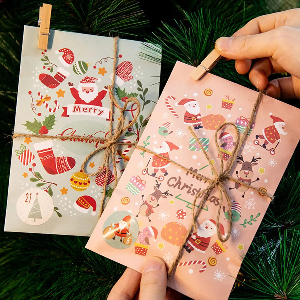48 Pack Christmas Advent Calendar Bags Kit Envelope Shape Paper Gift Bags With Advent Numbers Stickers Clips And Rope Santa Claus Snowman Pattern Goodie Candy Treat Bags For Xmas Party Tree Decoration - The Premium