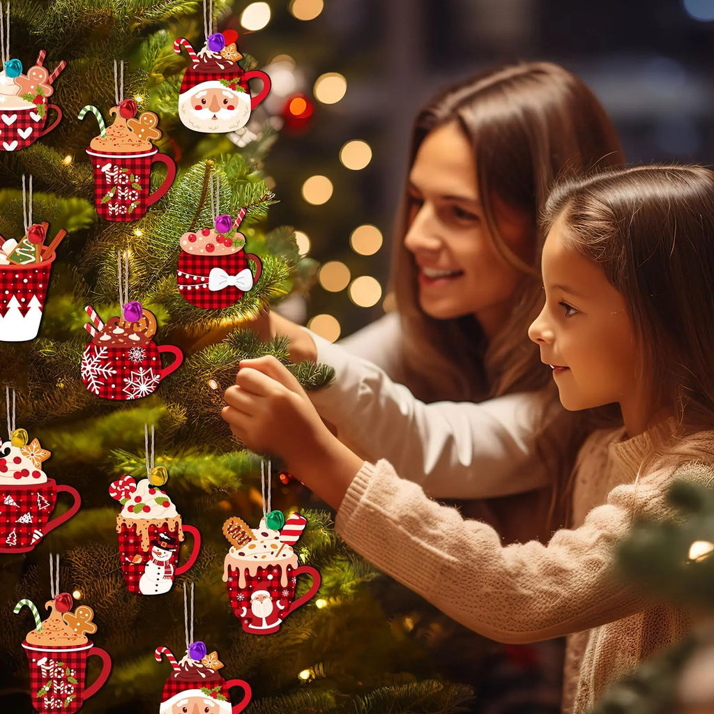 50 Pieces Christmas Wooden Ornaments Hot Cocoa Blanks Pendants Unfinished Predrilled Wood Buffalo Plaid Coffee Mug Slices Hanging For Xmas Festivals DIY Crafts Decoration, 10 Styles - The Premium