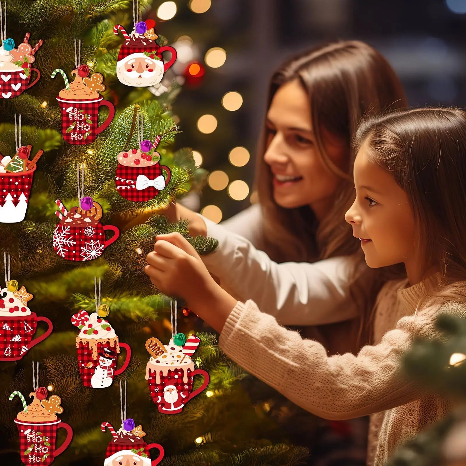 50 Pieces Christmas Wooden Ornaments Hot Cocoa Blanks Pendants Unfinished Predrilled Wood Buffalo Plaid Coffee Mug Slices Hanging For Xmas Festivals DIY Crafts Decoration, 10 Styles - The Premium