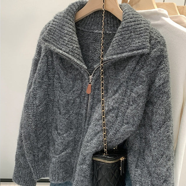 Korean-style Double Zipper Cable Knit Sweater Coat For Women