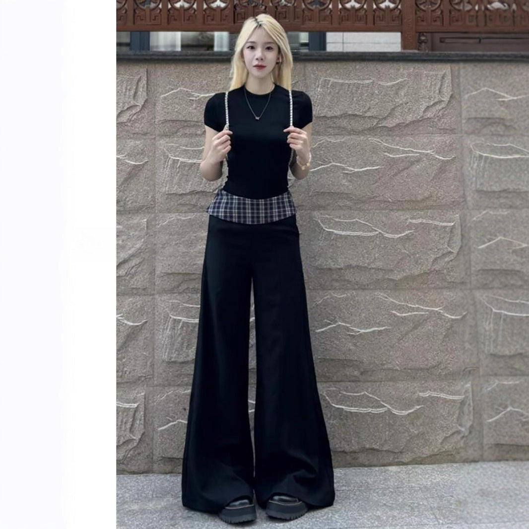 Women's High Waist Loose Plaid Patch Casual Wide Leg Pants