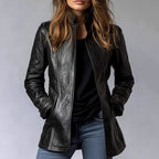 Women's Stand Collar Long Sleeve Distressed Fashion Leather Jacket Coat