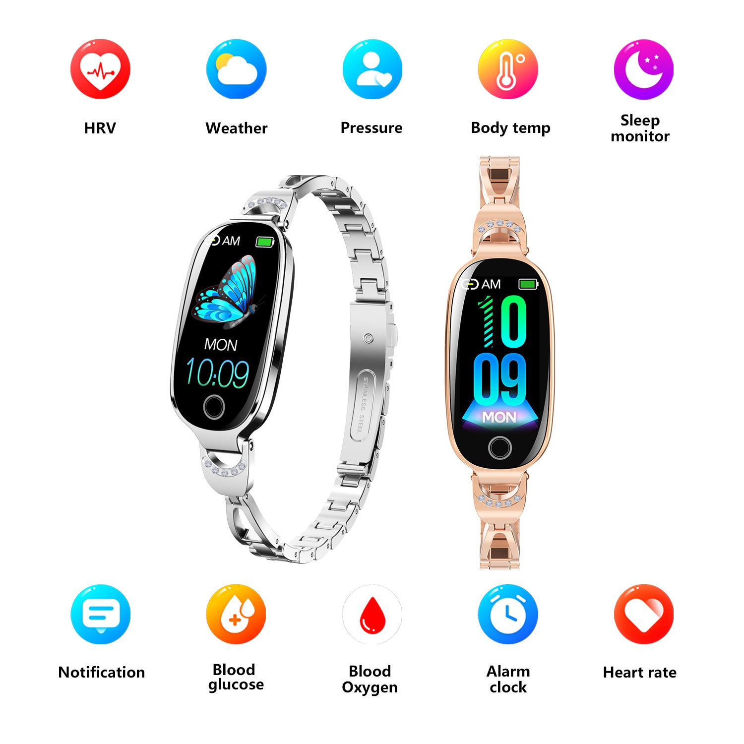 Gold Smartwatch For Women Compatible For Android& IOS,Bling Smart Bracelet With Female Menstrual Cycle Heart Rate Blood Pressure Remote Photography Waterproof Pedometer