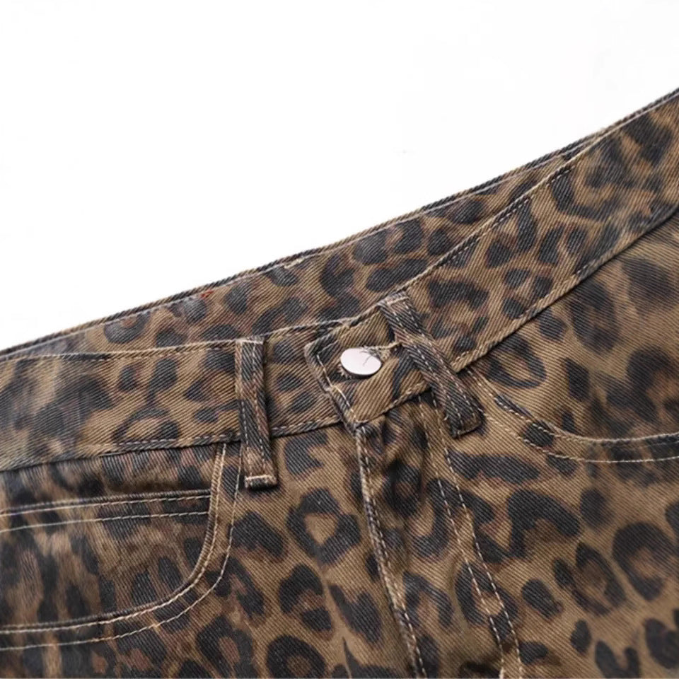 New American Vintage Leopard Print Jeans Straight Loose