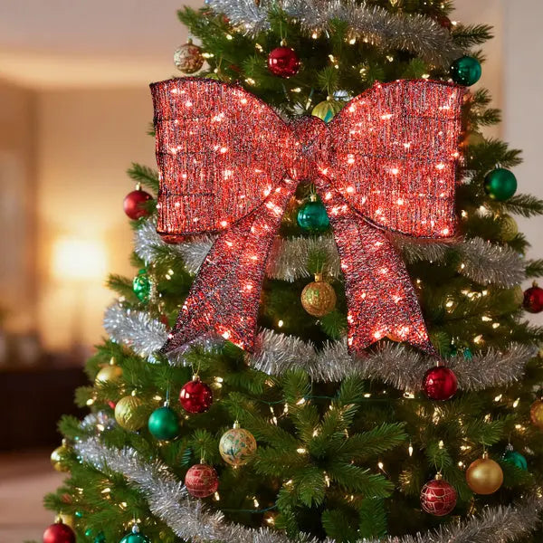 Pre-lit Outdoor Giant Bowknot Christmas Decoration, Lighted Metal Frame With 124 Warm White LED Lights, For Front Door Gate Wall Indoor Outdoor Holiday Party, Red - The Premium