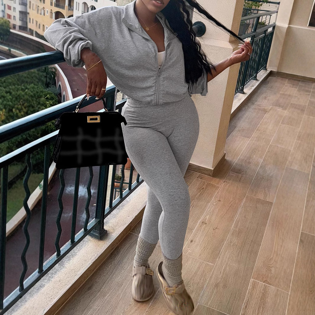 Solid Color Zipper Long Sleeve Top With Slim Pants