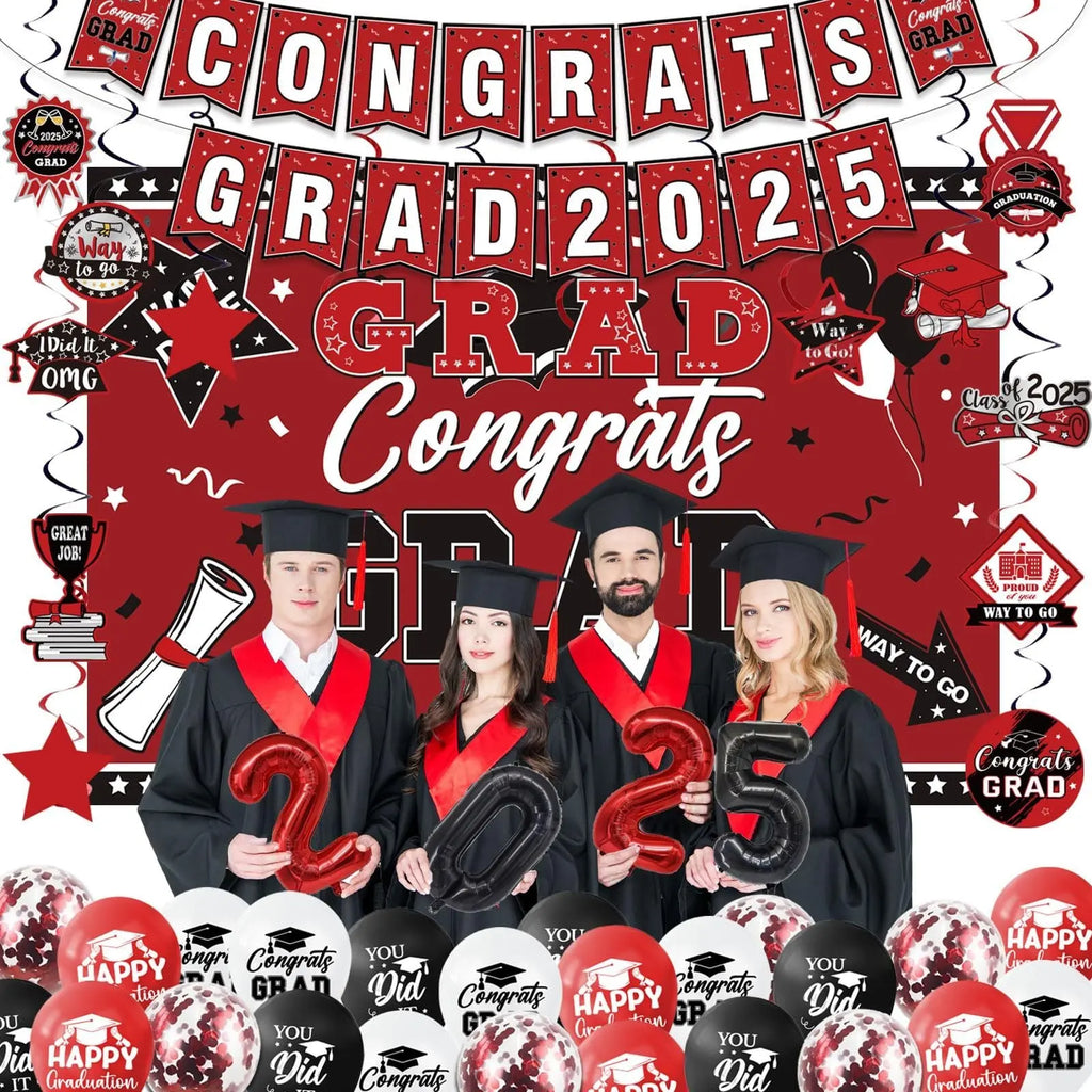 Graduation Decorations Class Of 2025 Set, Red Theme Graduation Party Supplies Of 50 Congrats Grad Banner Class Of 2025 Backdrop Balloons Hanging Swirls For High School College Celebrations - The Premium