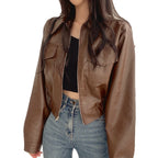 Double Pocket Lapel Leather Coat Leather Jacket Coat