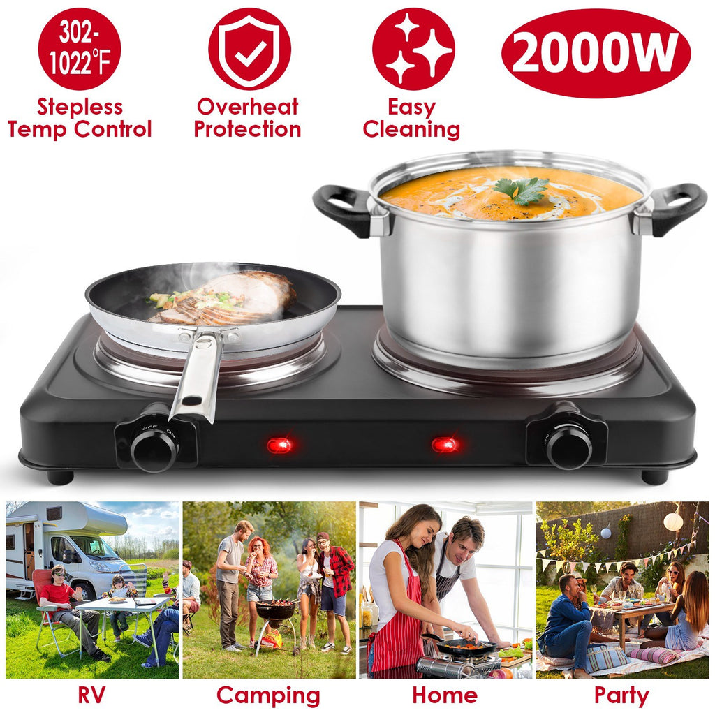 1Pc 2000W Electric Infrared Dual Burner Portable Heating Hot Plate Stove Countertop RV Hotplate With Glass Cooktop Stepless Temperature Adjustments For Home RV Camp