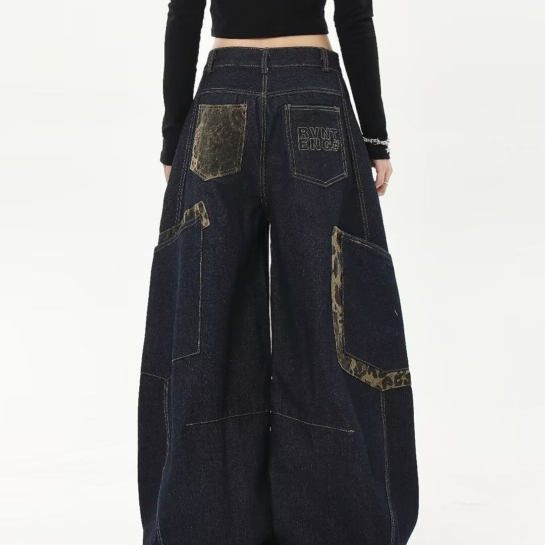 American Vintage Leopard Print Patchwork Large Pocket Cargo Jeans