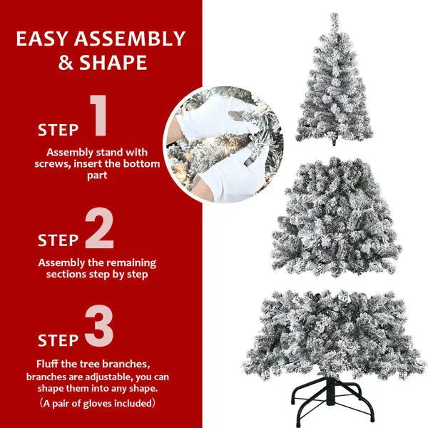 Artificial 5ft Flocked Christmas Tree With 407 PVC Branch Tips, 150L Warm White Led, Round Head, Foldable Base For Indoor Holiday Decorating - The Premium