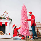 7.5 FT Hinged Christmas Tree, Artificial Pencil Christmas Tree, Unlit Artificial Christmas Pine Tree With 1075 Branch Tips And Sturdy Stand, Pink - The Premium