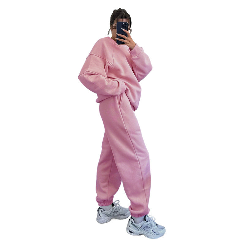 Solid Color Round Neck Long Sleeve Sweatshirt Women's Fashion Casual Loose Pants Suit