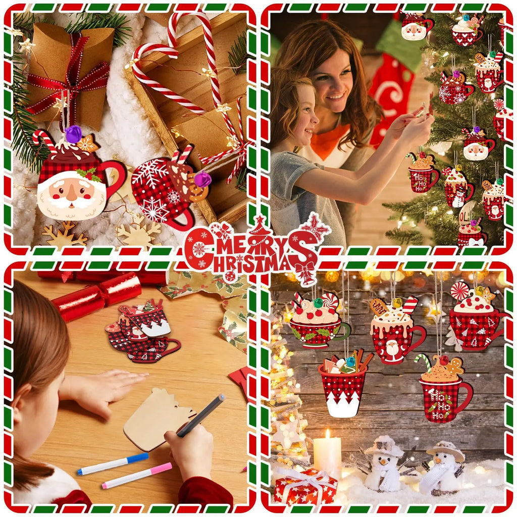 50 Pieces Christmas Wooden Ornaments Hot Cocoa Blanks Pendants Unfinished Predrilled Wood Buffalo Plaid Coffee Mug Slices Hanging For Xmas Festivals DIY Crafts Decoration, 10 Styles - The Premium