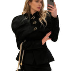 Retro Black Color Pleats Button Slim Top