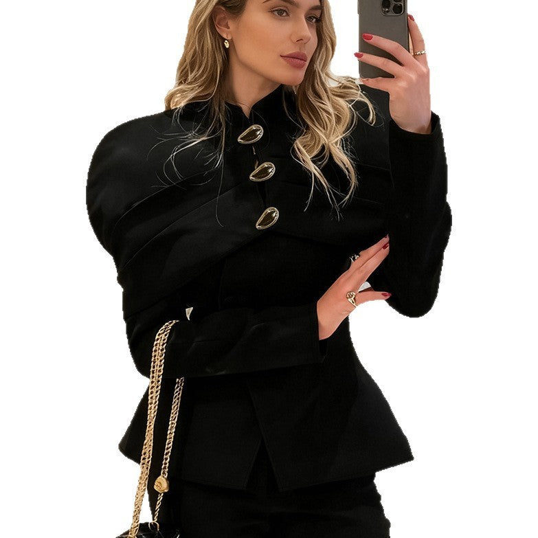 Retro Black Color Pleats Button Slim Top