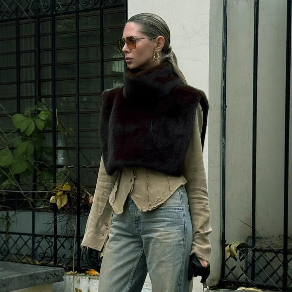 New Solid Color Half Turtleneck Sleeveless Fur Vest For Women
