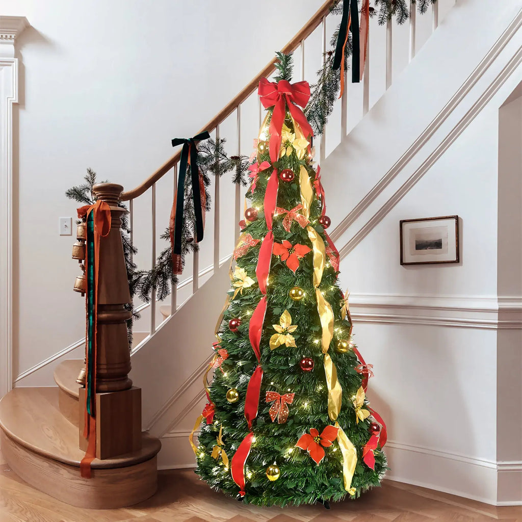 7.5ft Pre-lit Pre-decorated Christmas Tree Pop-up Christmas Tree, 2-Minute Setup Holiday Party Decoration With Red And Gold Christmas Ball Ornaments And Gold Ribbon Bows - The Premium