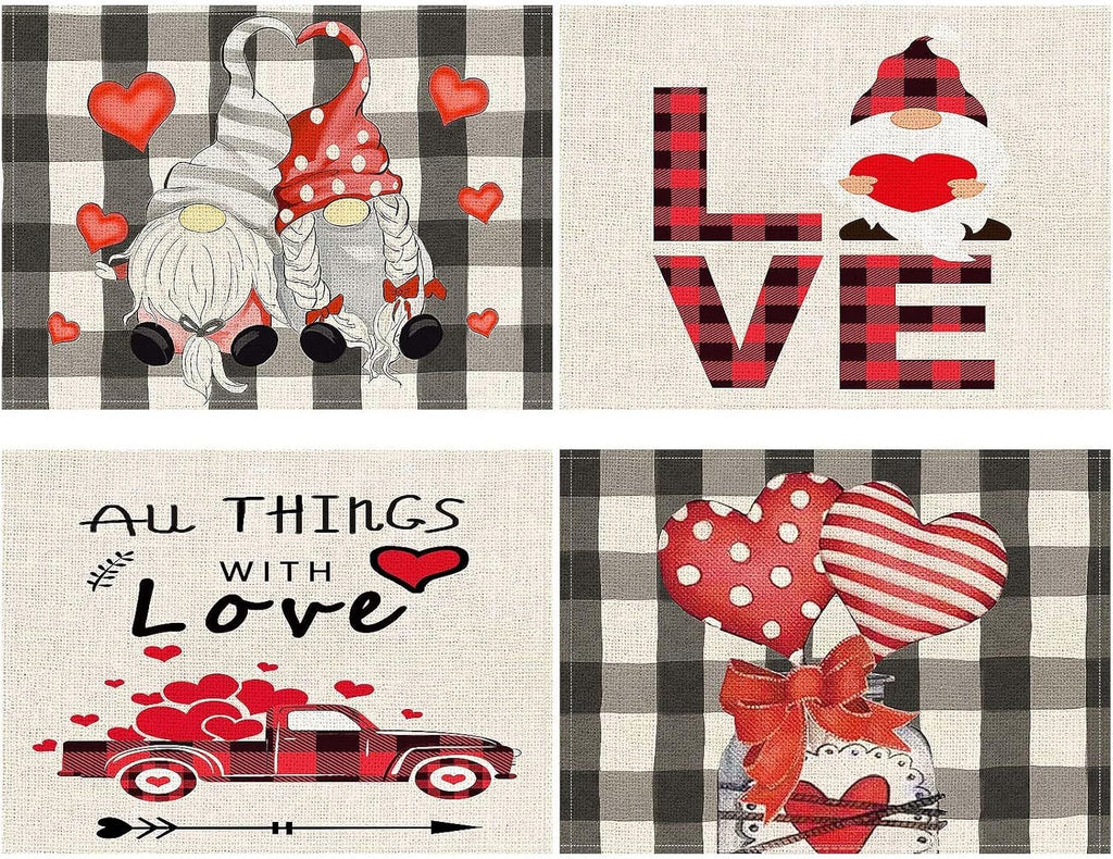 Valentines Day Placemats Set Of 4, 17x12.5 Inches With Gnomes And Hearts Pattern For Holiday Parties And Family Gatherings Clearance Sale