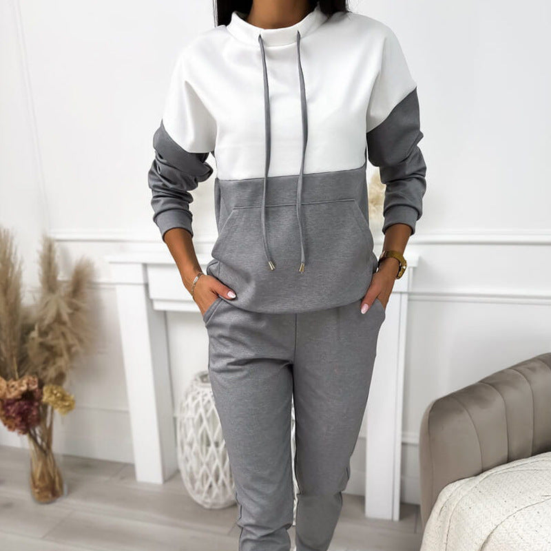 Drawstring Semi-high Neck Color Block Sporty Sweatshirt