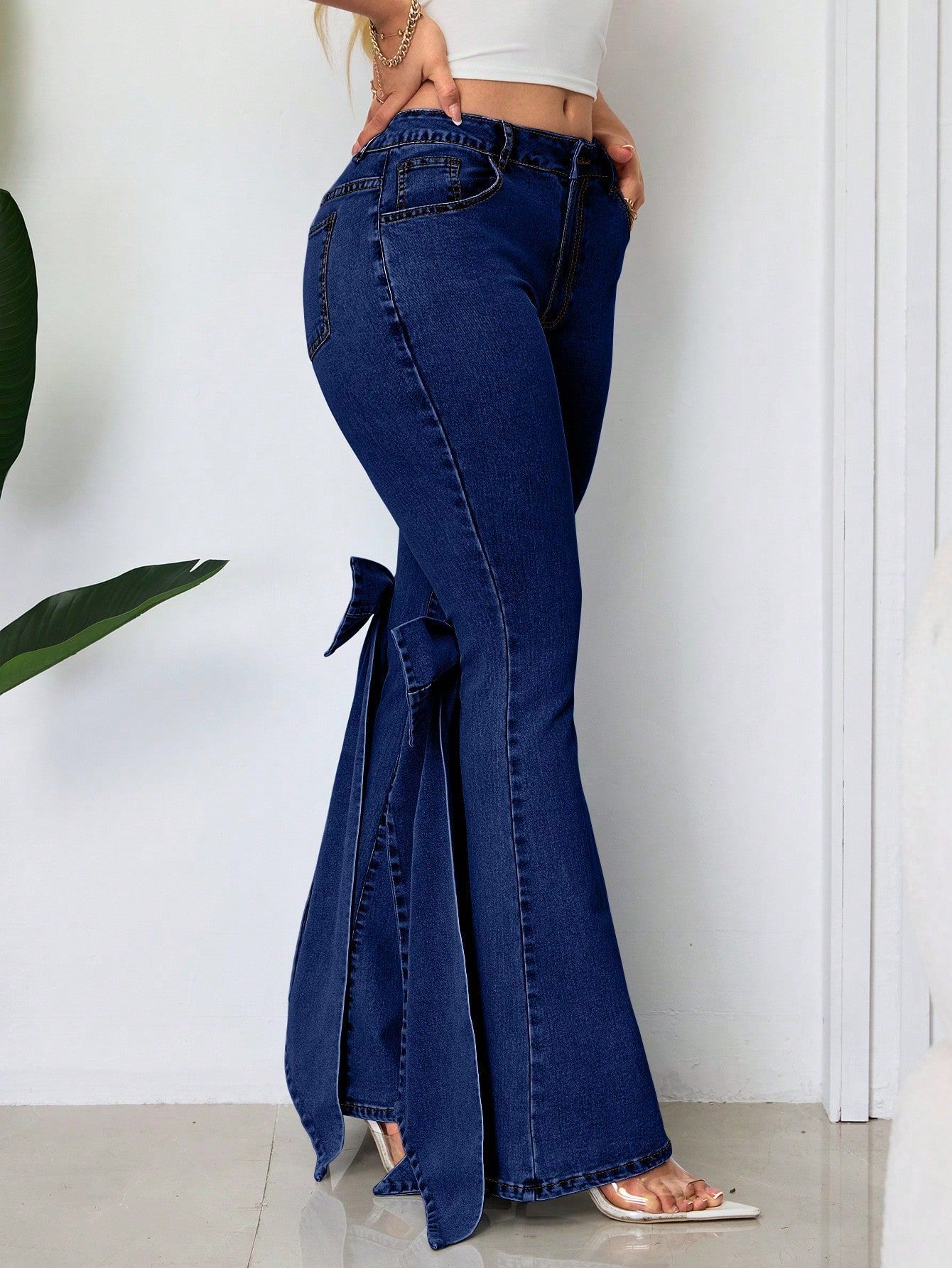 Three-dimensional Bow Slim-fit Mid-stretch Mop Horn Denim Trousers