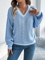 Color Block V-Neck Cable Knit Lantern Sleeve Sweater