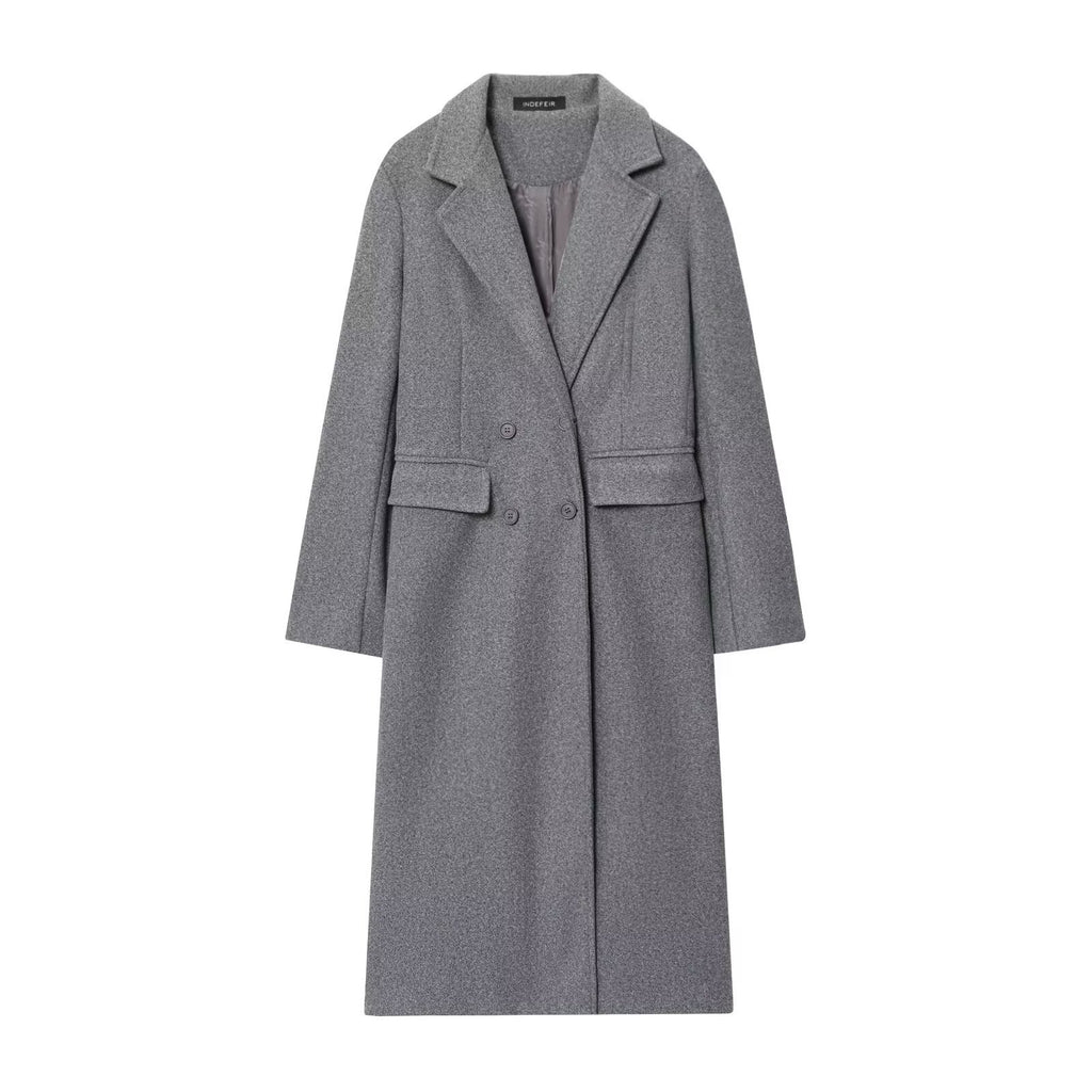 Fashionable Temperamental All-match Blended Double-breasted Long Lapel Coat Jacket
