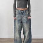 High Street Retro Drape Loose Jeans Women's Washed