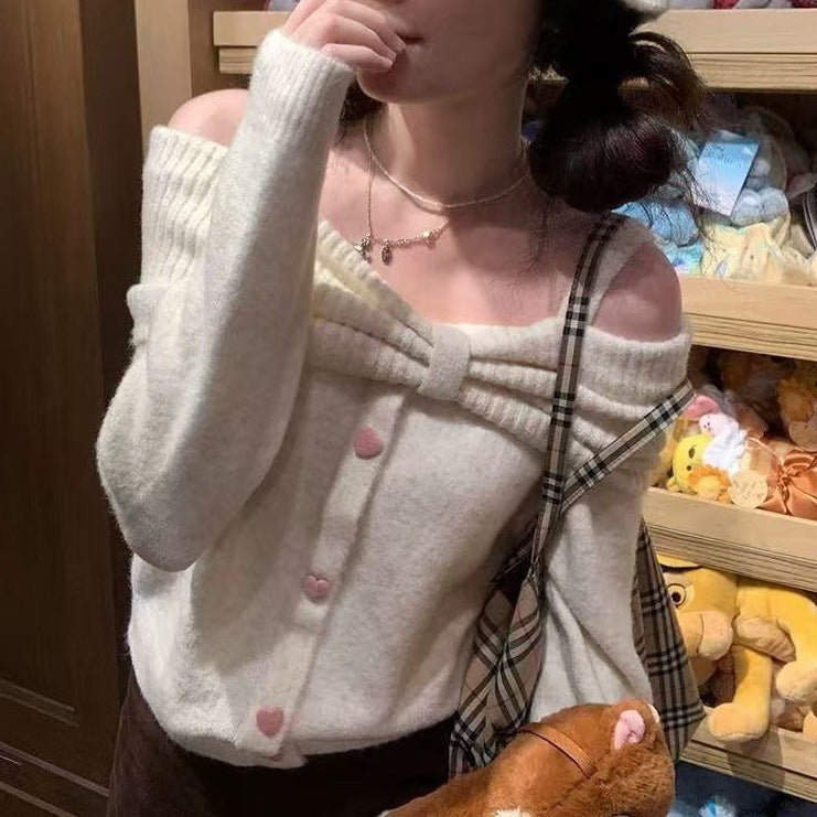 Lady's Long-sleeve Off-shoulder Gentle Style Knitted Sweater