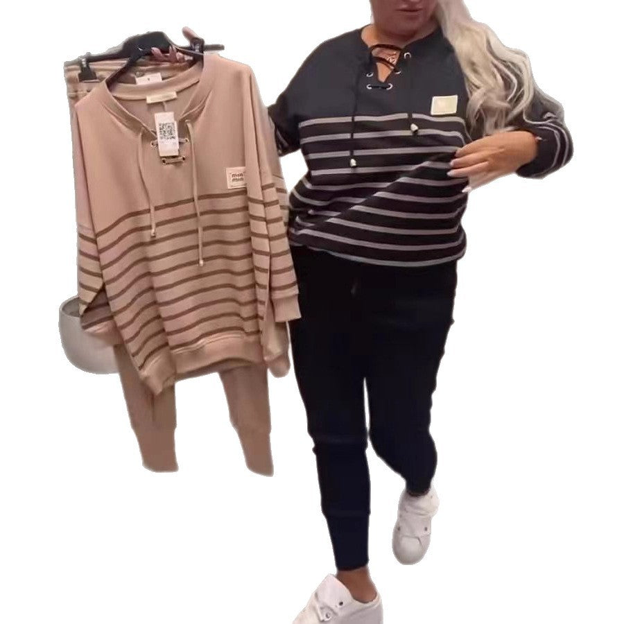 Striped Sporty Two-piece Loose Sweatshirt Sweatpants Set