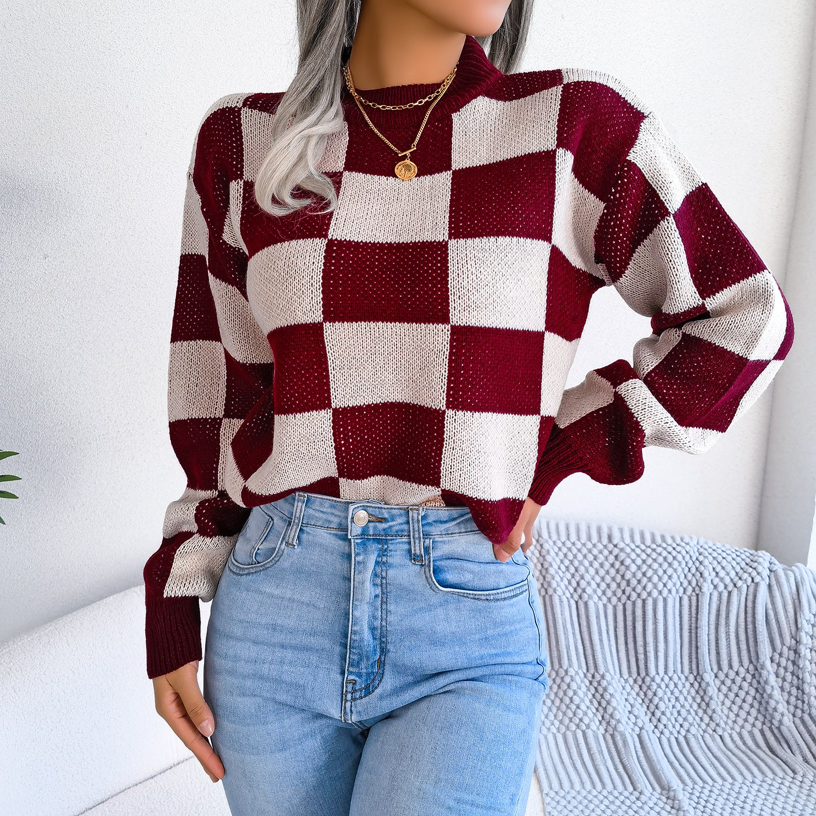 Street Style Color Block Plaid Long Sleeve Pullover Knit Sweater