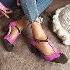 Leather Women's T-strap Two-tone High-heel Sandals