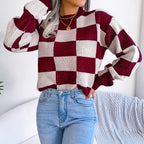 Street Style Color Block Plaid Long Sleeve Pullover Knit Sweater