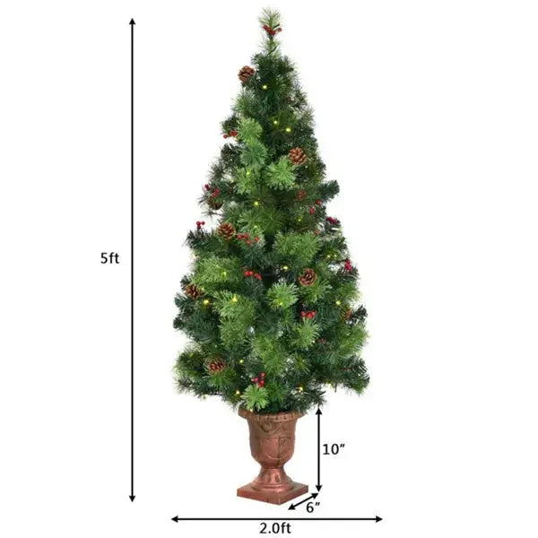 5ft Pre-Lit Artificial Christmas Tree - 100 Clear LED Lights 260 Tips PVC Red Berries Pine Cones UL Adapter - The Premium