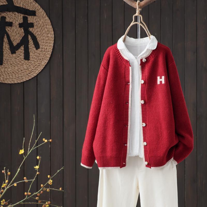Round Neck Single-breasted Knitted Cardigan Women's Loose Coat