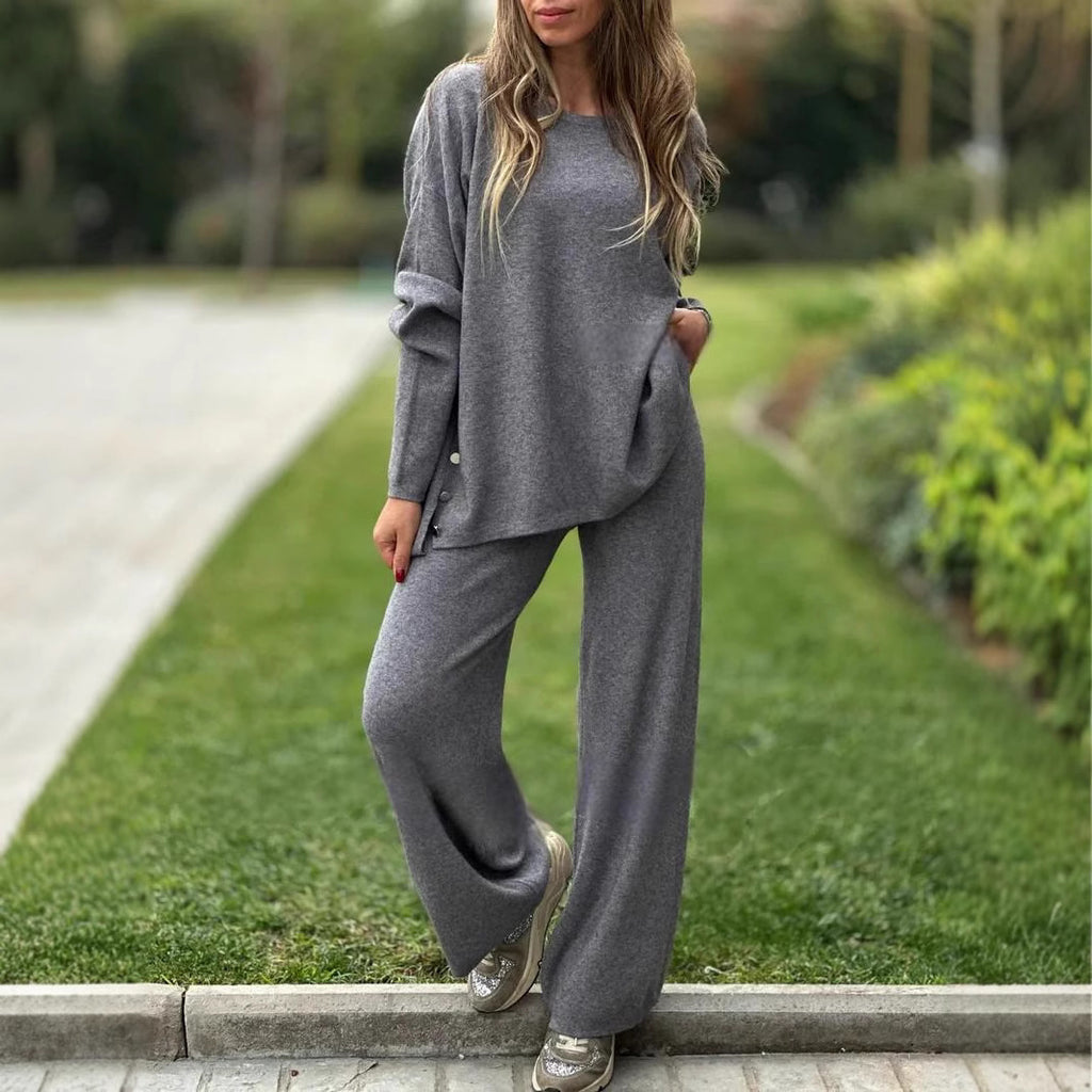 Solid Color Split Casual Wide-leg Pants Round Neck Long Sleeve