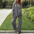 Solid Color Split Casual Wide-leg Pants Round Neck Long Sleeve
