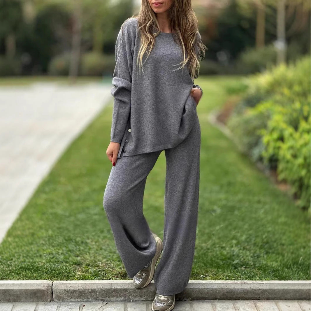 Solid Color Split Casual Wide-leg Pants Round Neck Long Sleeve