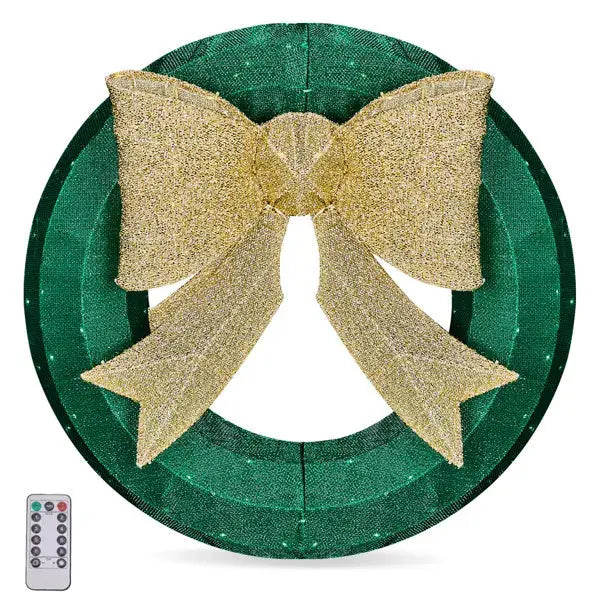24in Pre-lit Outdoor Christmas Wreath Decoration, Lighted Metal Wreath With Golden Bow, Green And Warm White LED Lights, For Front Door Gate Wall Indoor Outdoor Holiday Party - The Premium